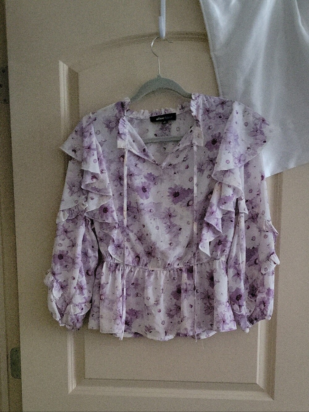 Alice Blue Lavender Floral Ruffle Tie-Neck Blouse